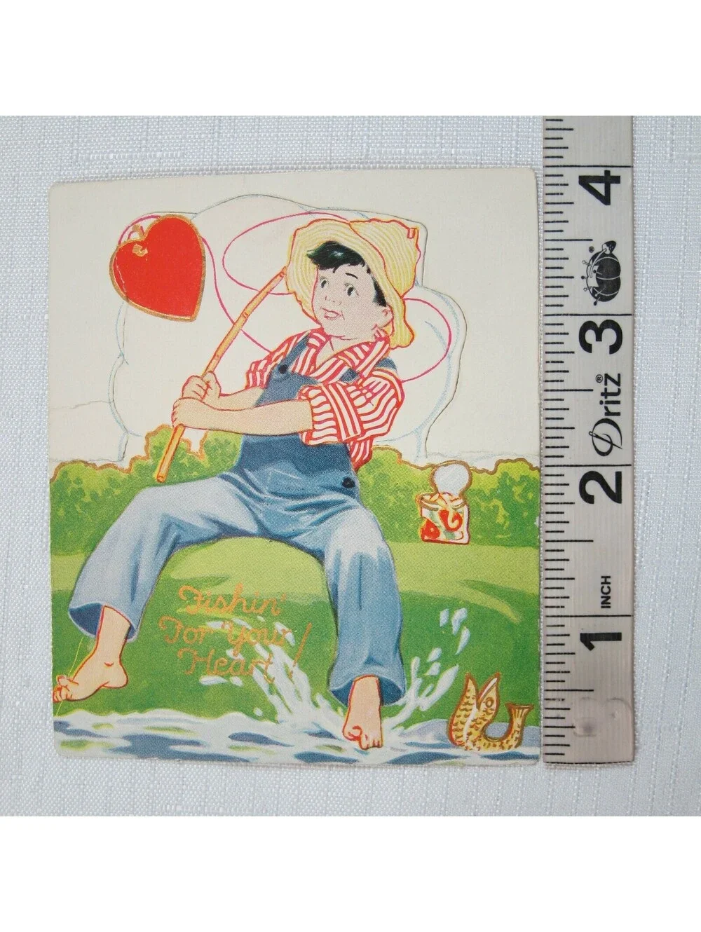 Vintage Valentine 1929 Stand Up Boy Fishing For Heart American Colortype Co USA